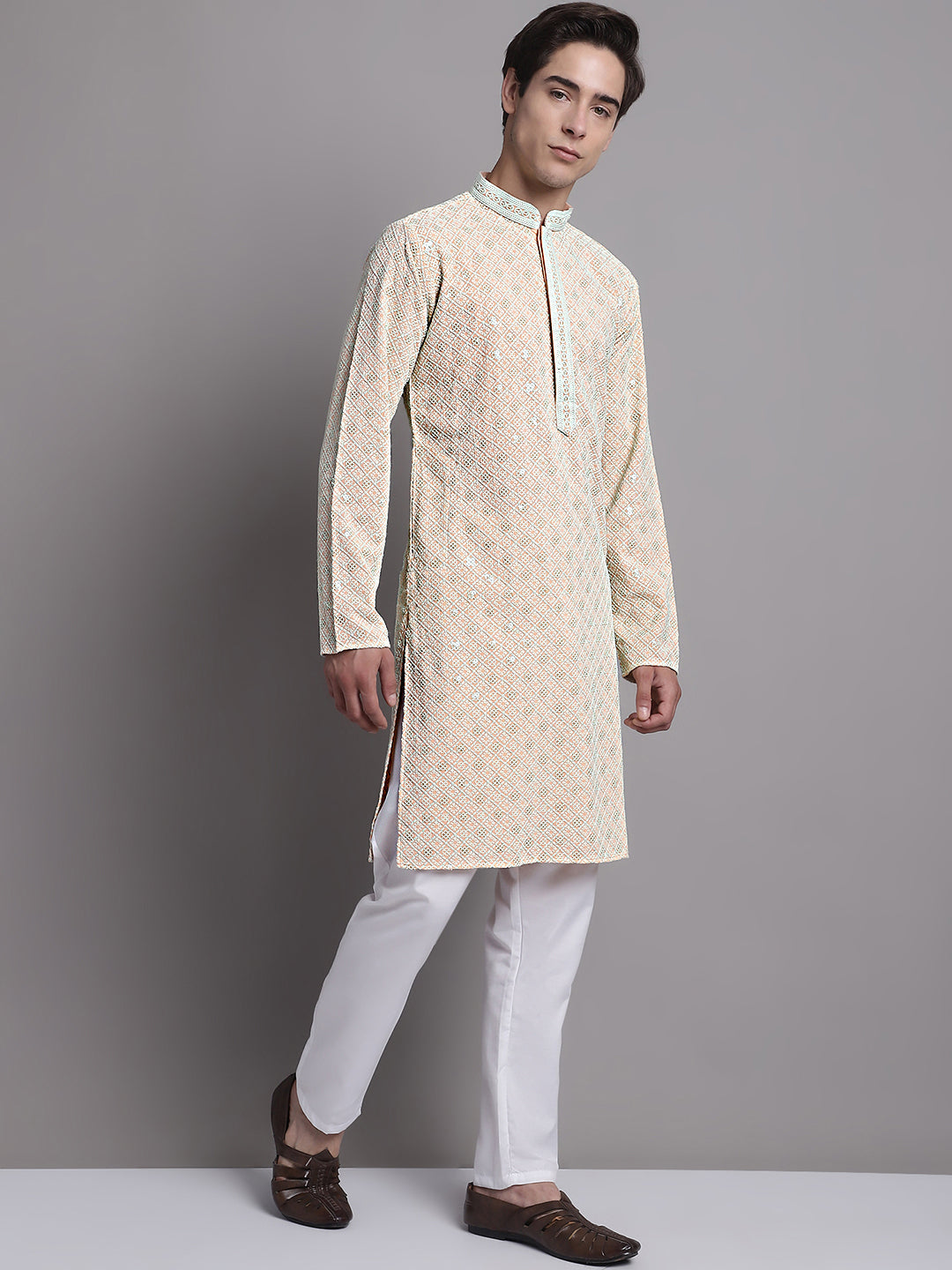 Jompers Men's Peach Chikankari Embroidered and Sequence Kurta with Pyjama