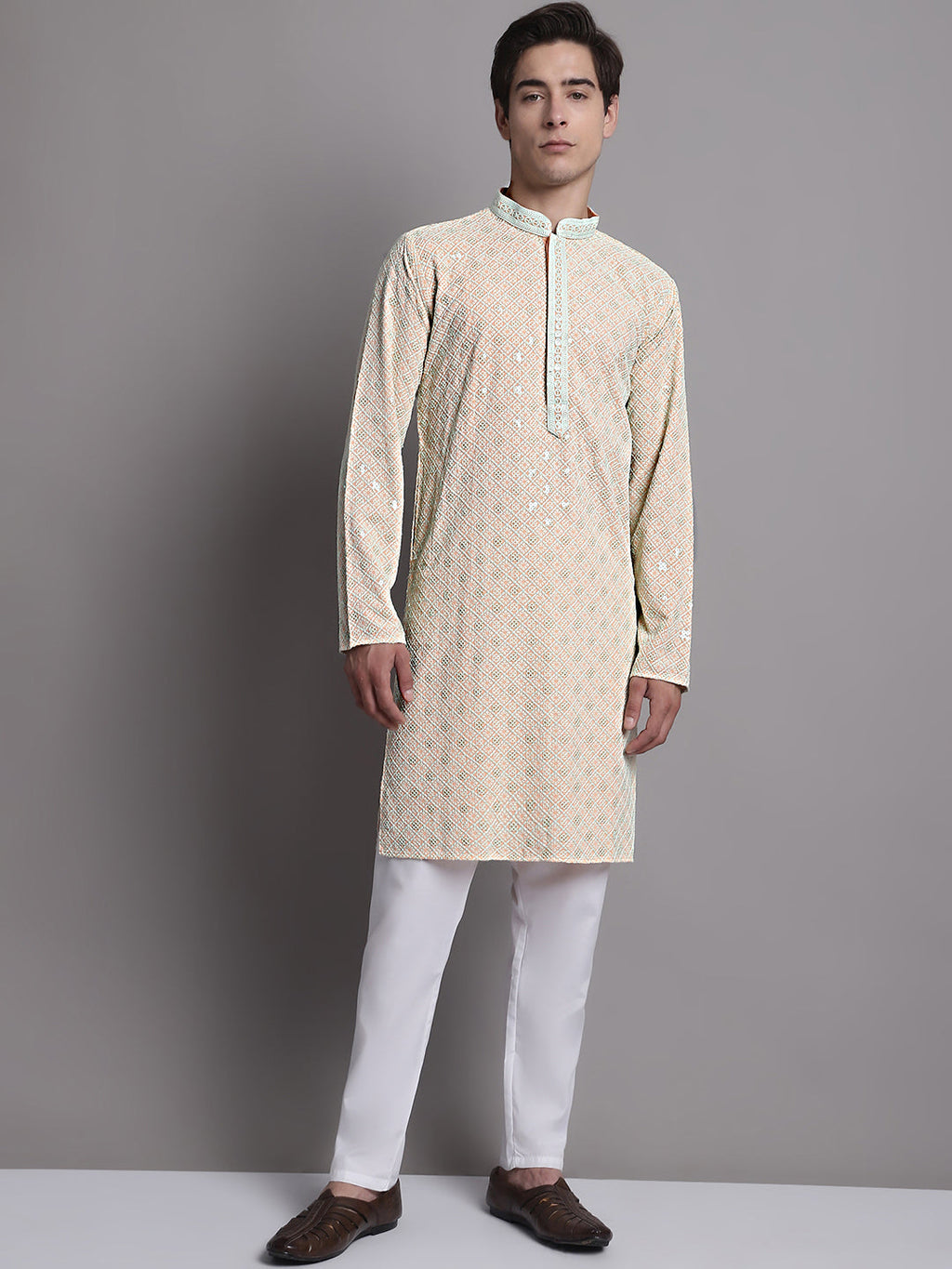 Jompers Men's Peach Chikankari Embroidered and Sequence Kurta with Pyjama