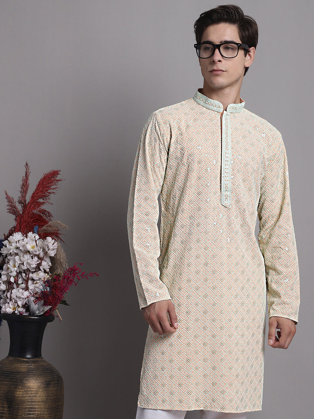 Jompers Men's Peach Chikankari Embroidered and Sequence Kurta with Pyjama
