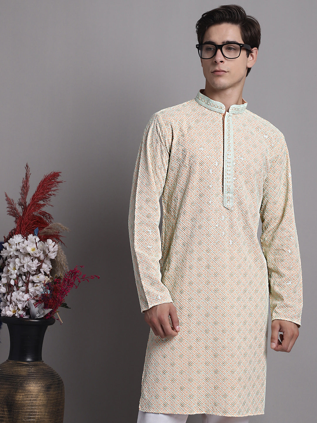 Jompers Men's Peach Chikankari Embroidered and Sequence Kurta with Pyjama