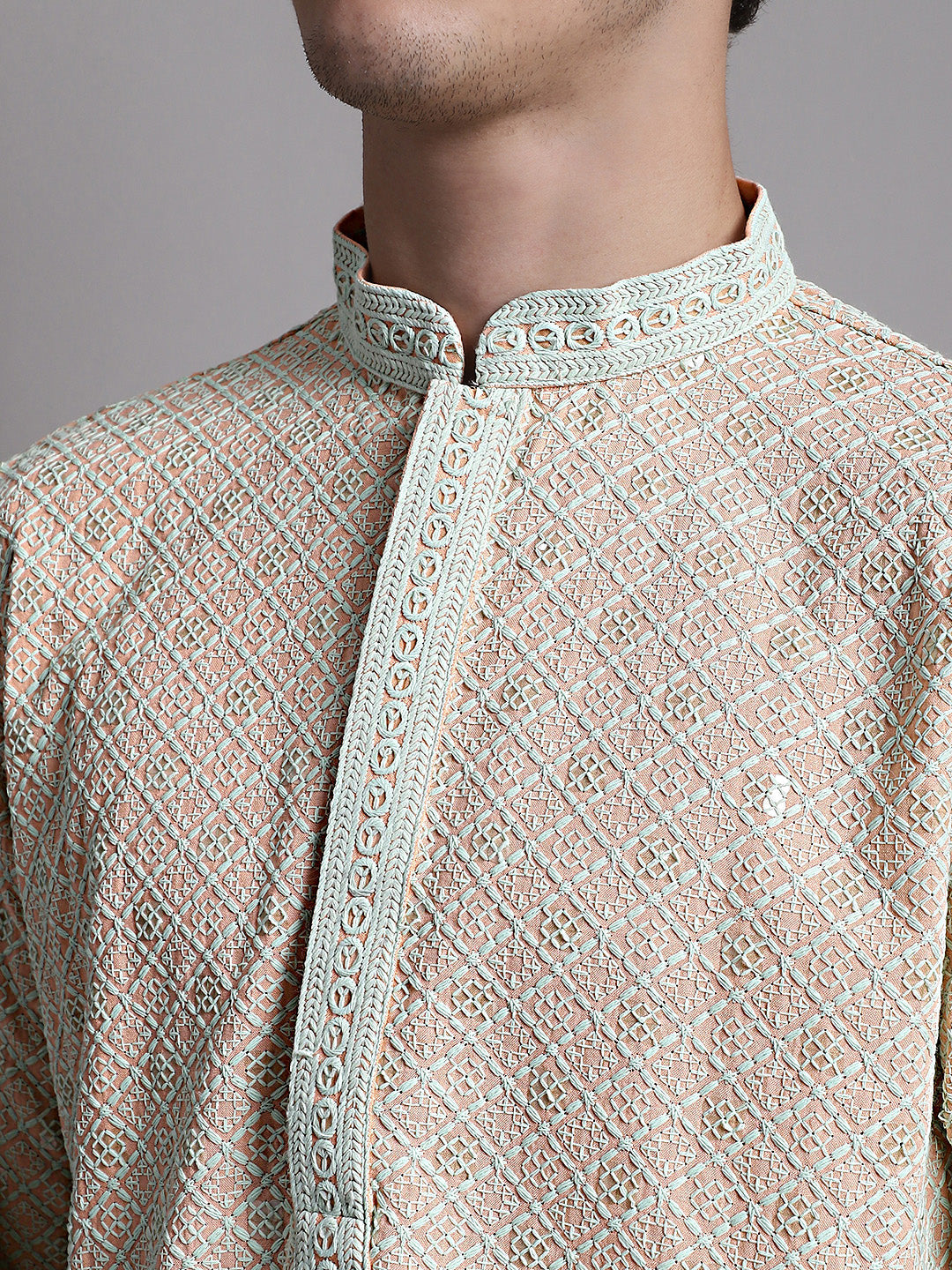 Jompers Men's Peach Chikankari Embroidered and Sequence Kurta with Pyjama