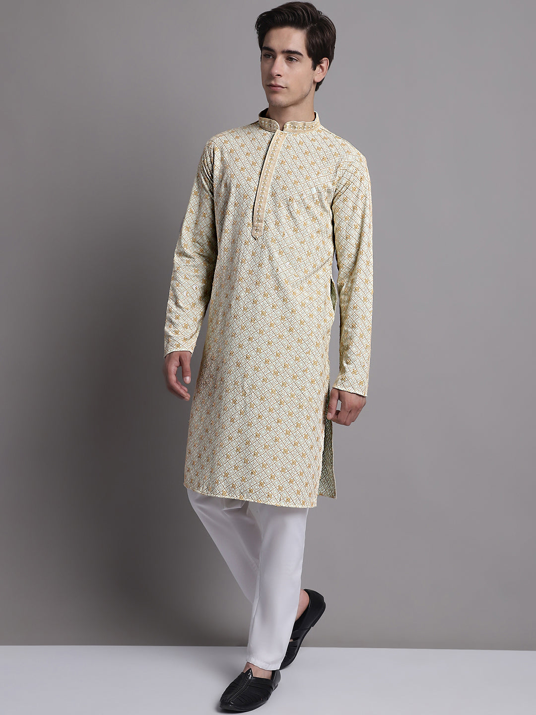 Jompers Men's Light Green Chikankari Embroidered and Sequence Kurta with Pyjama