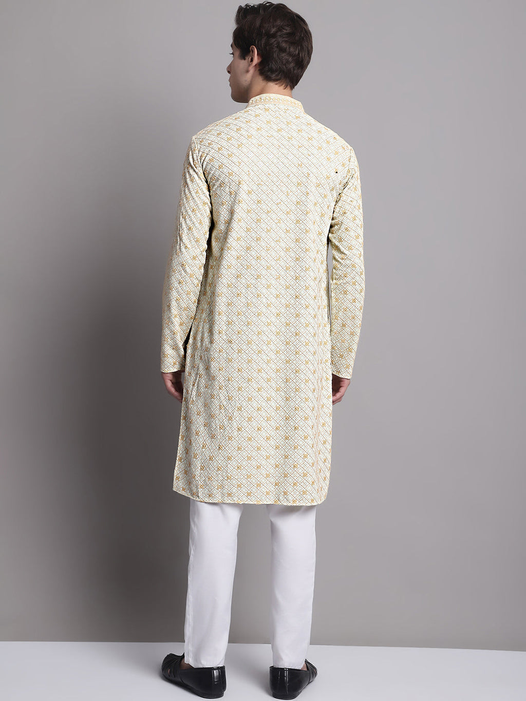 Jompers Men's Light Green Chikankari Embroidered and Sequence Kurta with Pyjama