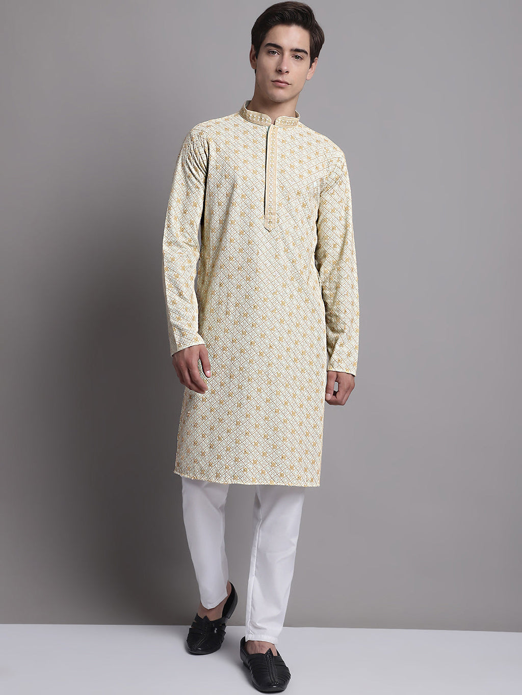 Jompers Men's Light Green Chikankari Embroidered and Sequence Kurta with Pyjama