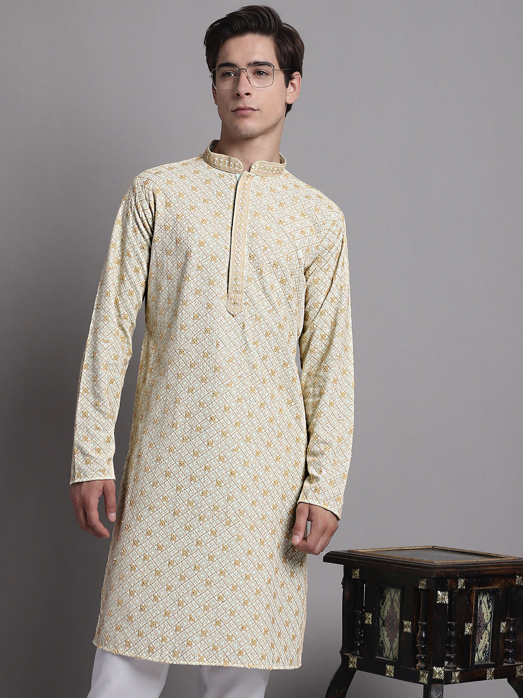 Jompers Men's Light Green Chikankari Embroidered and Sequence Kurta with Pyjama