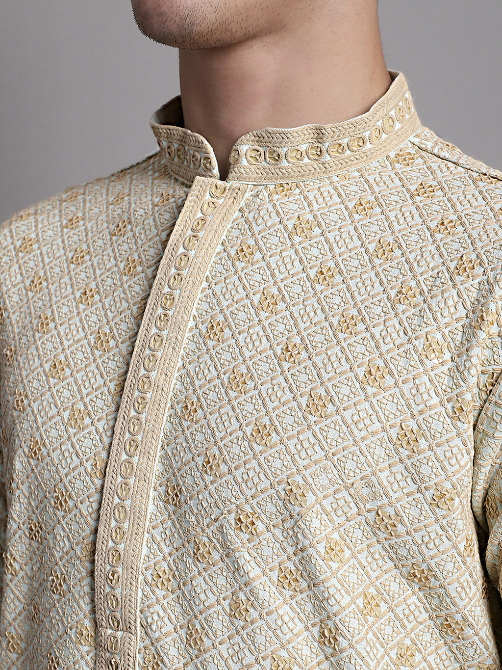 Jompers Men's Light Green Chikankari Embroidered and Sequence Kurta with Pyjama