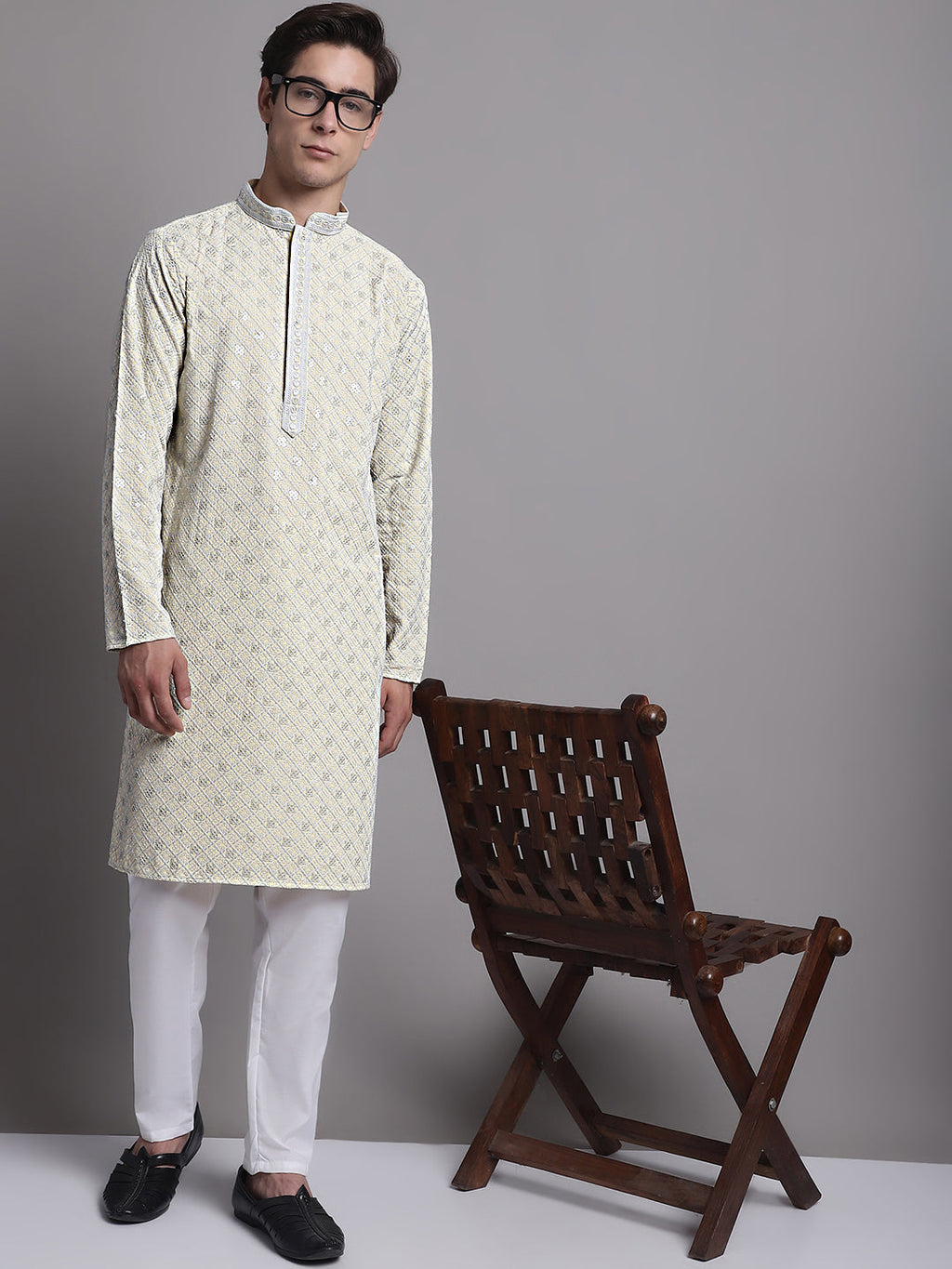 Jompers Men's Yellow Chikankari Embroidered and Sequence Kurta with Pyjama
