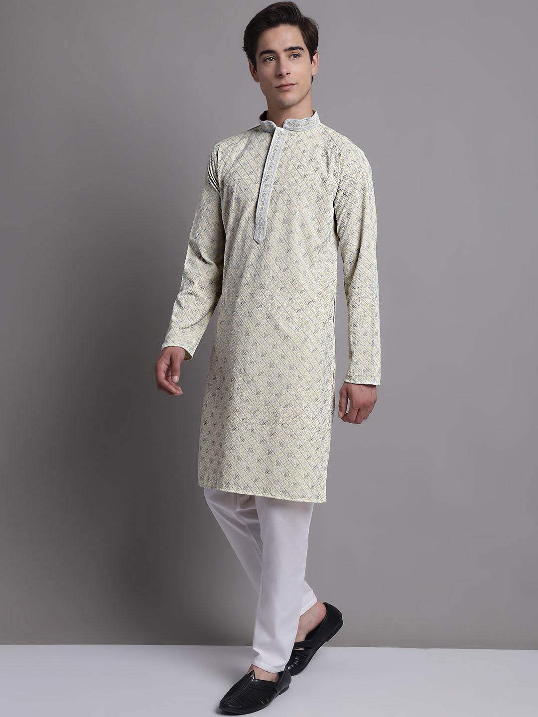 Jompers Men's Yellow Chikankari Embroidered and Sequence Kurta with Pyjama