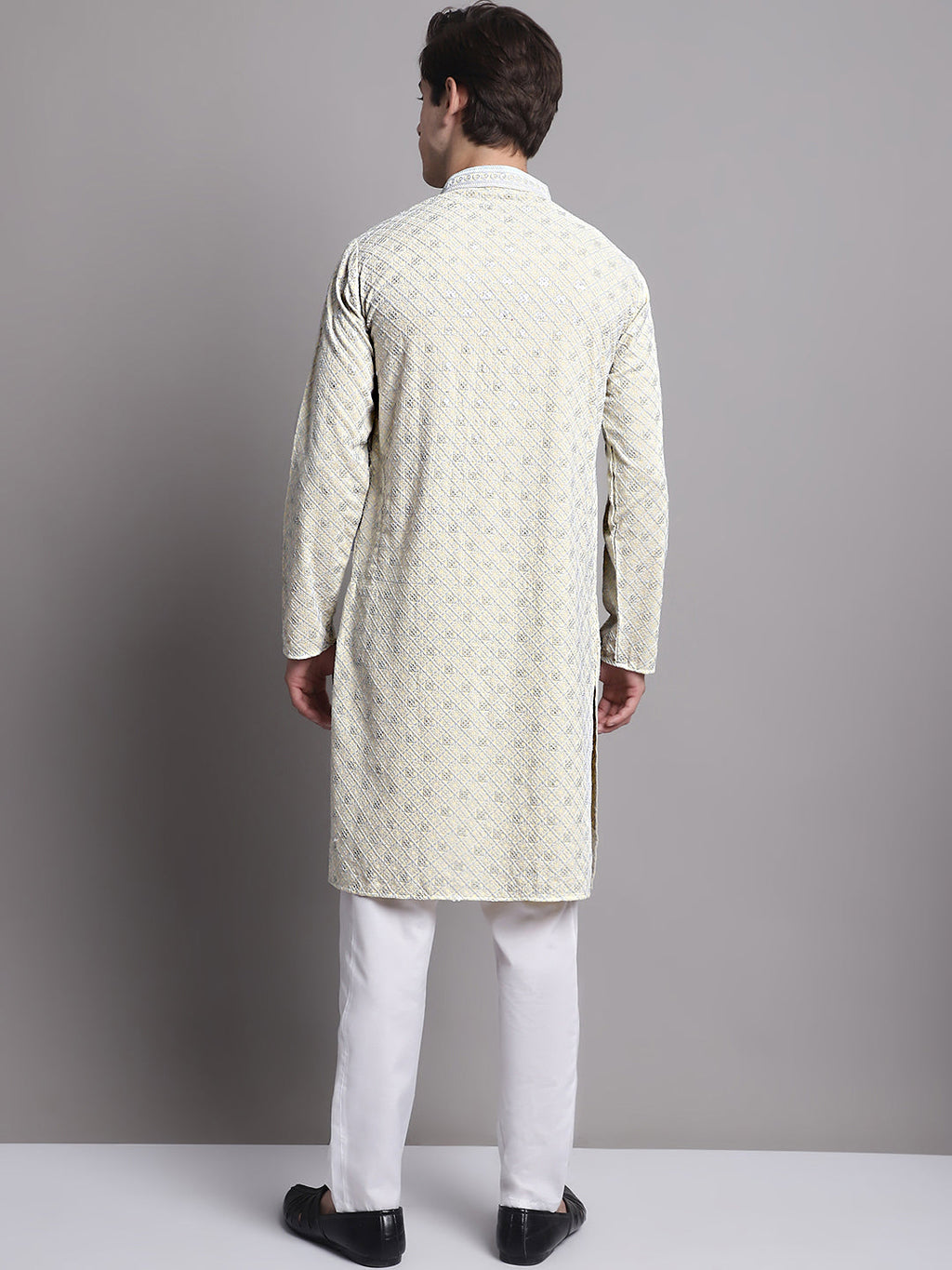 Jompers Men's Yellow Chikankari Embroidered and Sequence Kurta with Pyjama
