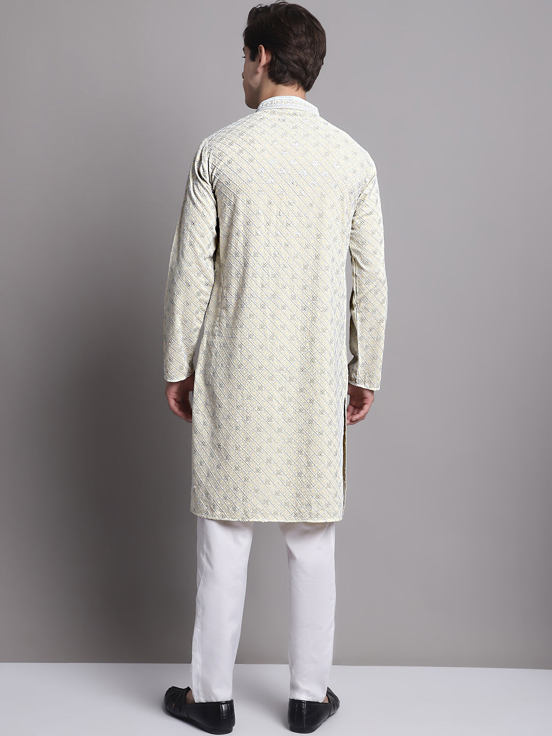 Jompers Men's Yellow Chikankari Embroidered and Sequence Kurta with Pyjama