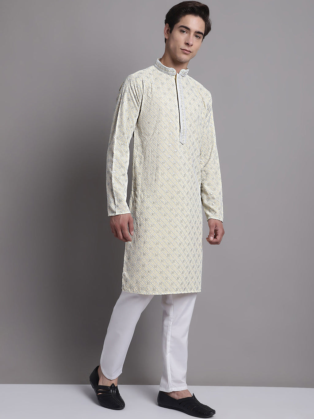 Jompers Men's Yellow Chikankari Embroidered and Sequence Kurta with Pyjama
