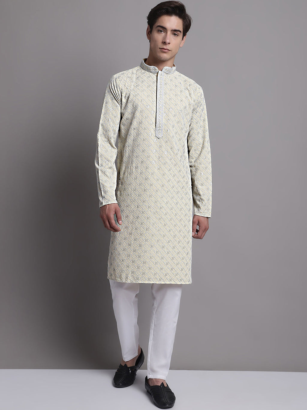 Jompers Men's Yellow Chikankari Embroidered and Sequence Kurta with Pyjama