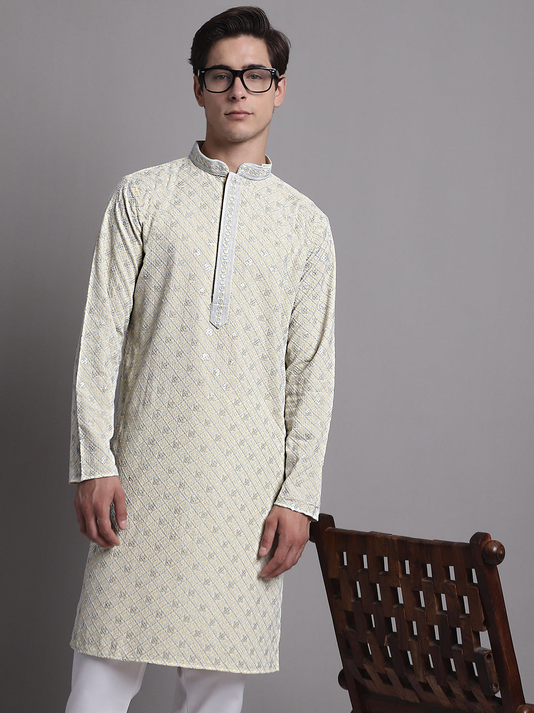 Jompers Men's Yellow Chikankari Embroidered and Sequence Kurta with Pyjama