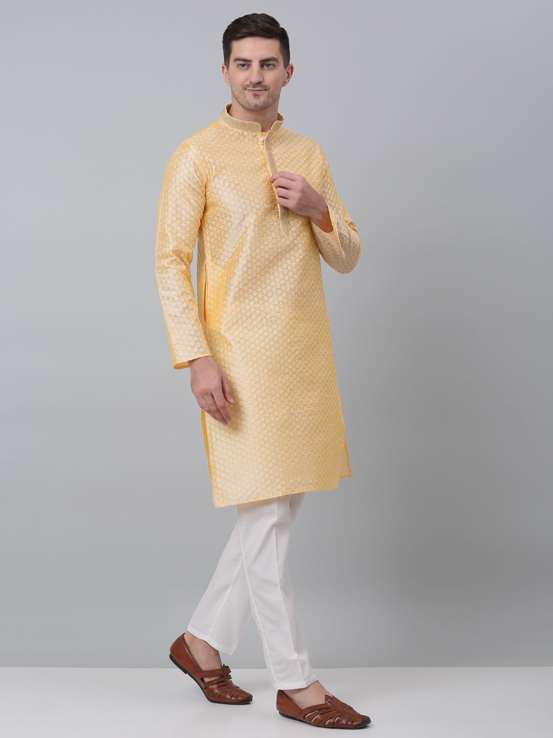 Jompers Men's Golden Collar Embroidered Kurta with Pyjama