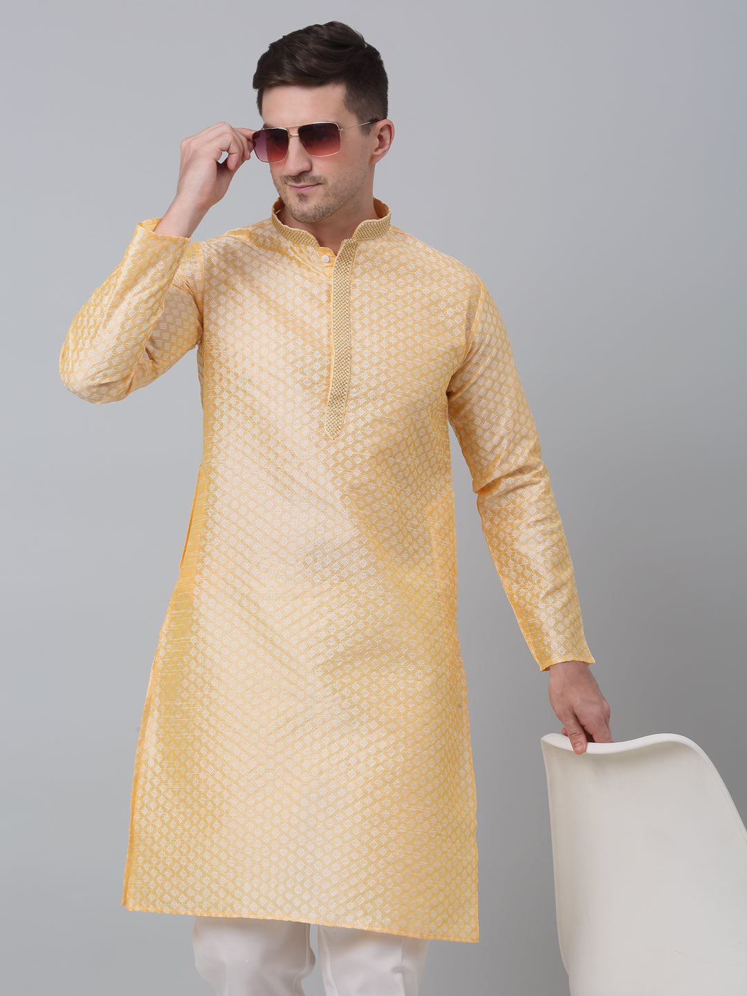 Jompers Men's Golden Collar Embroidered Kurta with Pyjama