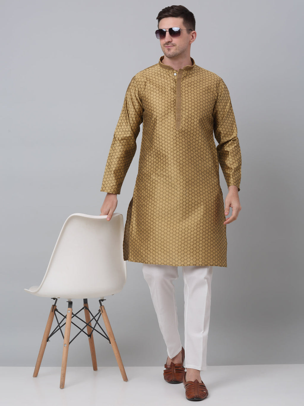 Jompers Men's Mustard Collar Embroidered Kurta with Pyjama