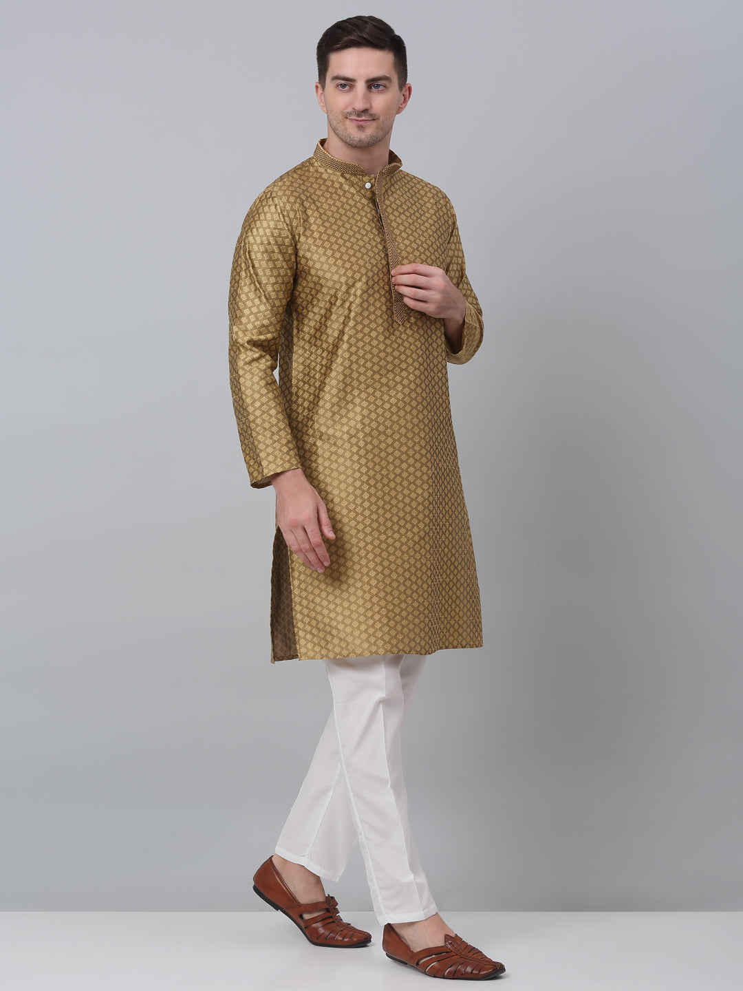 Jompers Men's Mustard Collar Embroidered Kurta with Pyjama