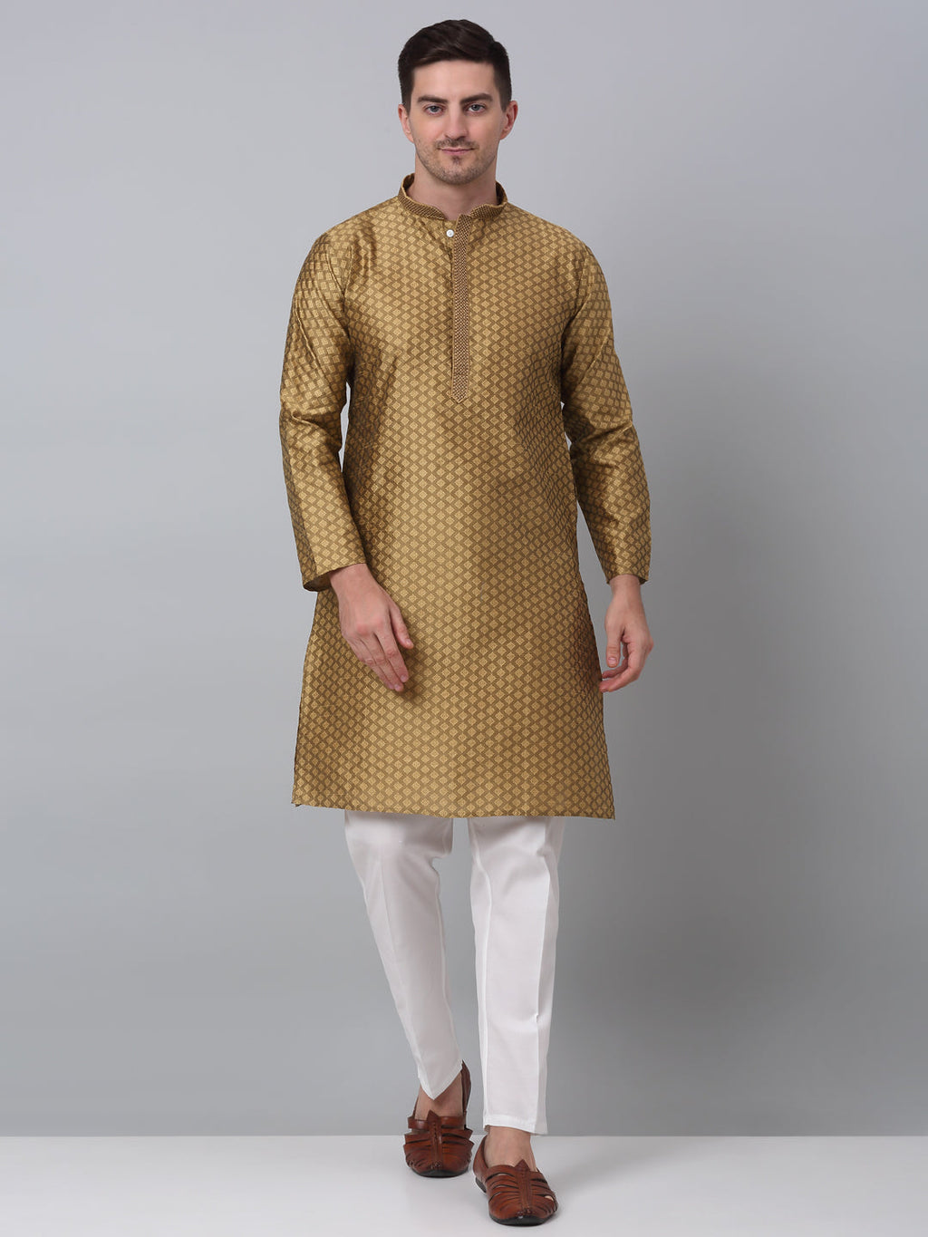 Jompers Men's Mustard Collar Embroidered Kurta with Pyjama