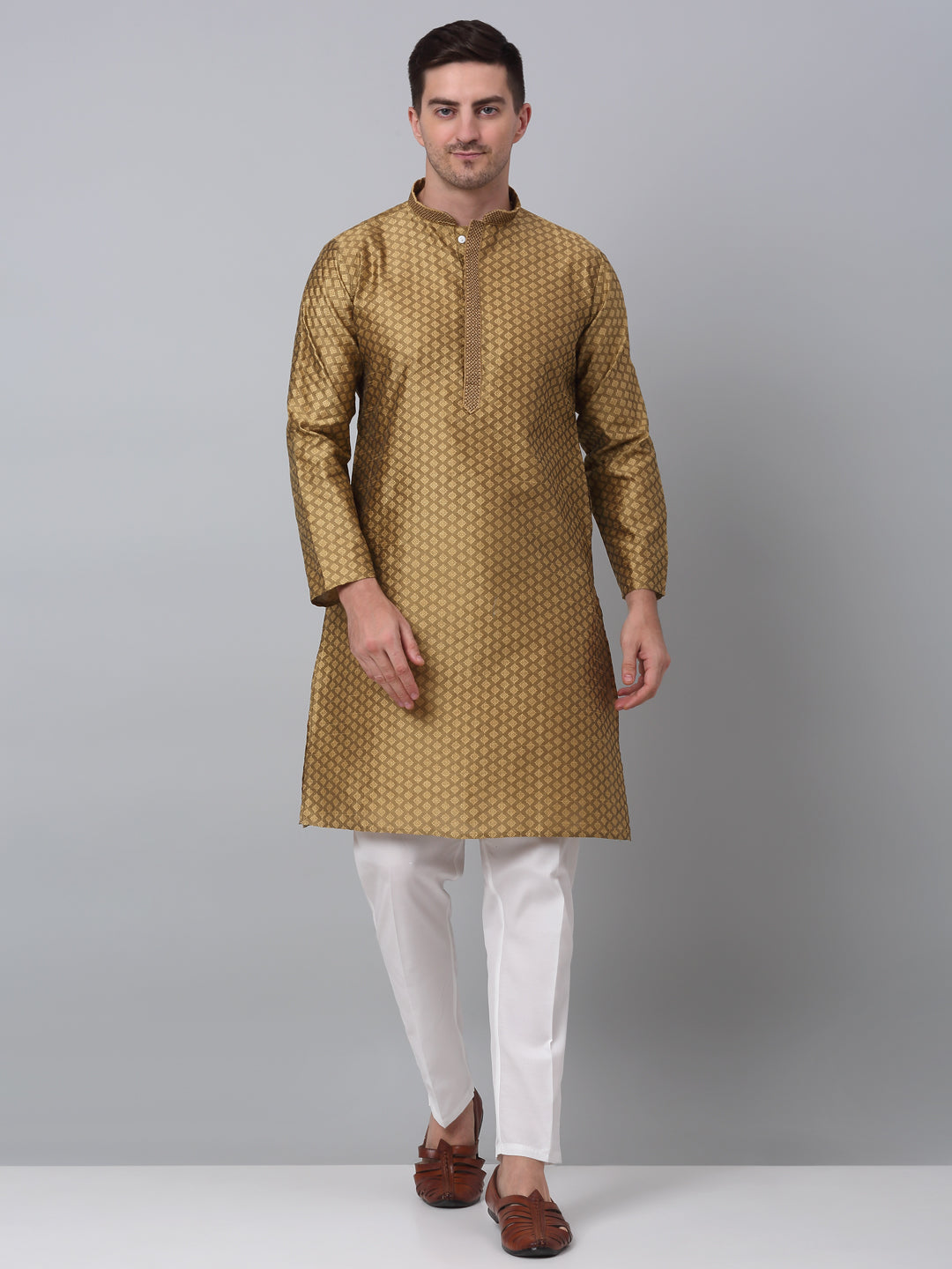 Jompers Men's Mustard Collar Embroidered Kurta with Pyjama