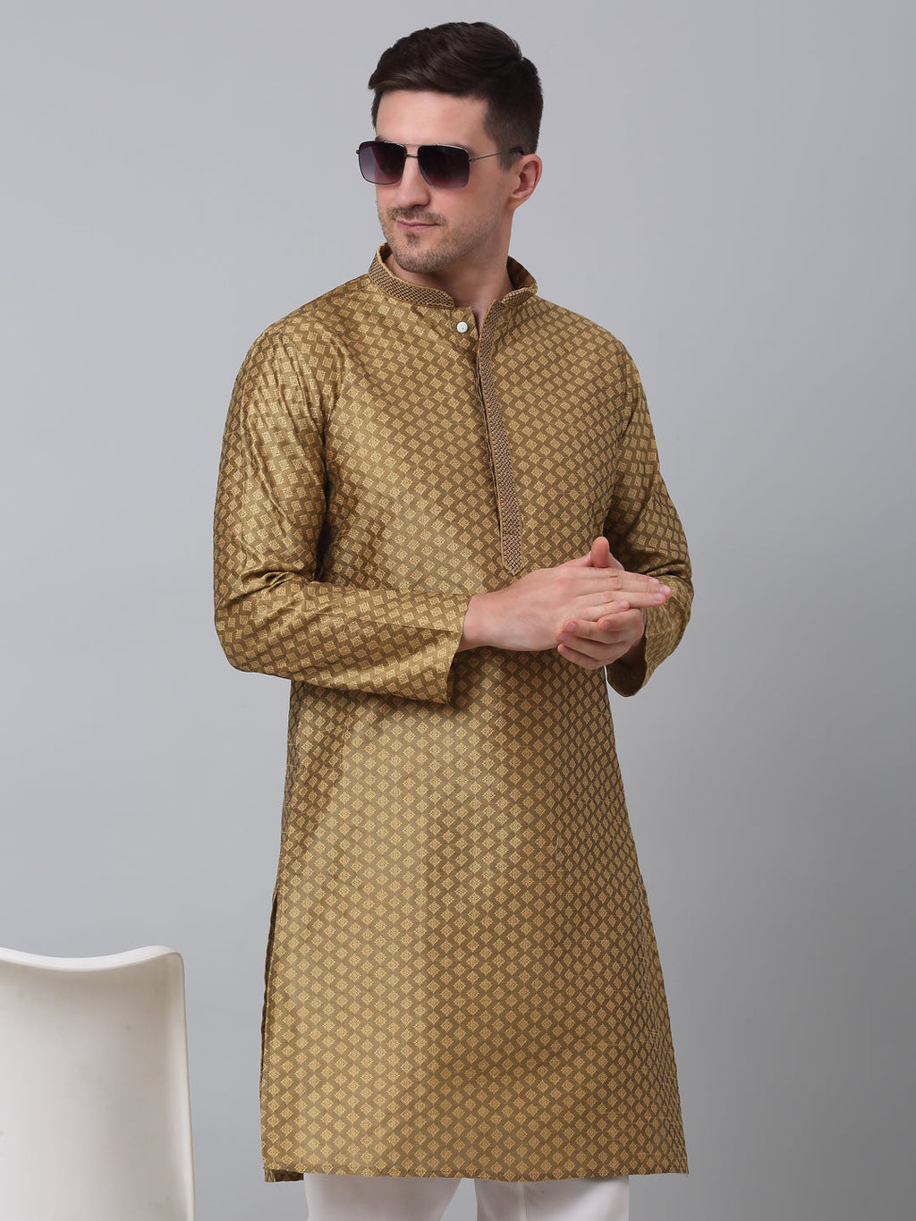 Jompers Men's Mustard Collar Embroidered Kurta with Pyjama