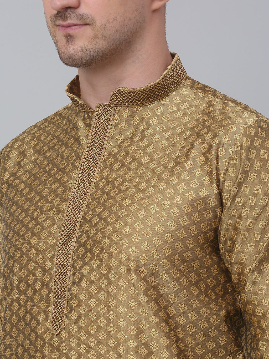 Jompers Men's Mustard Collar Embroidered Kurta with Pyjama