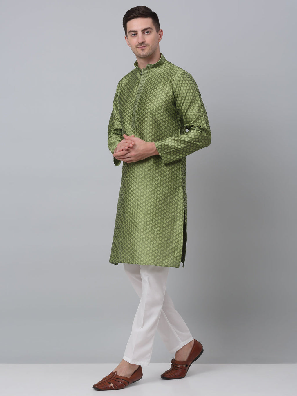 Jompers Men's Olive Green Collar Embroidered Kurta with Pyjama