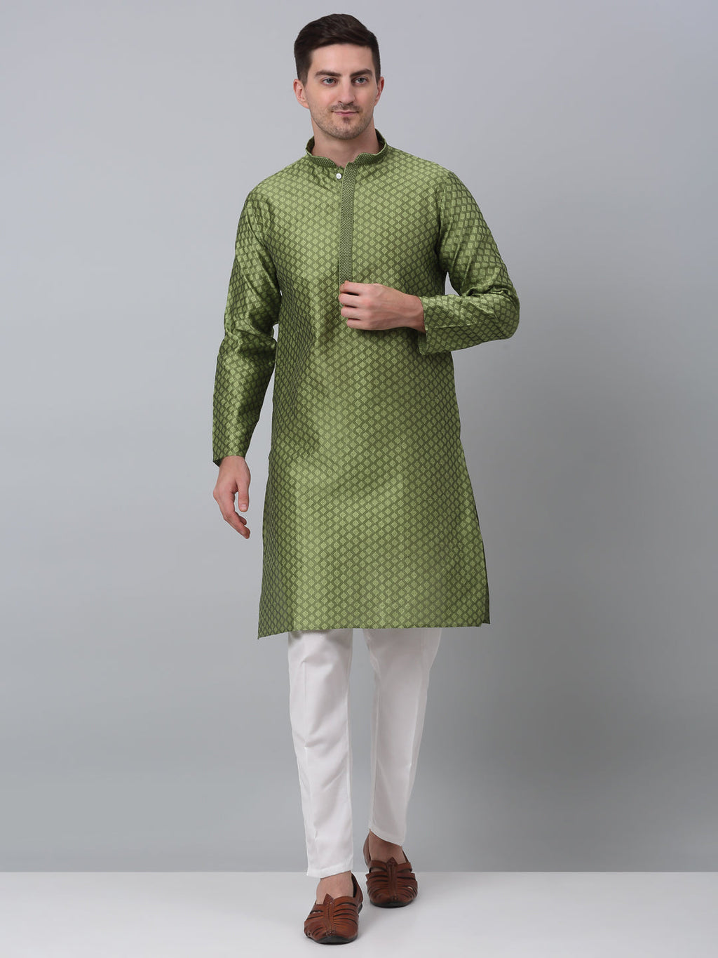 Jompers Men's Olive Green Collar Embroidered Kurta with Pyjama