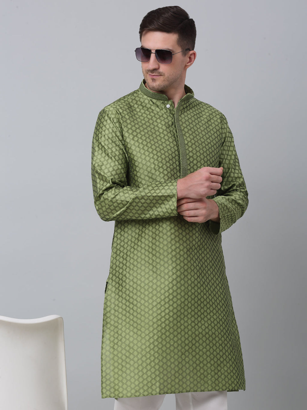 Jompers Men's Olive Green Collar Embroidered Kurta with Pyjama