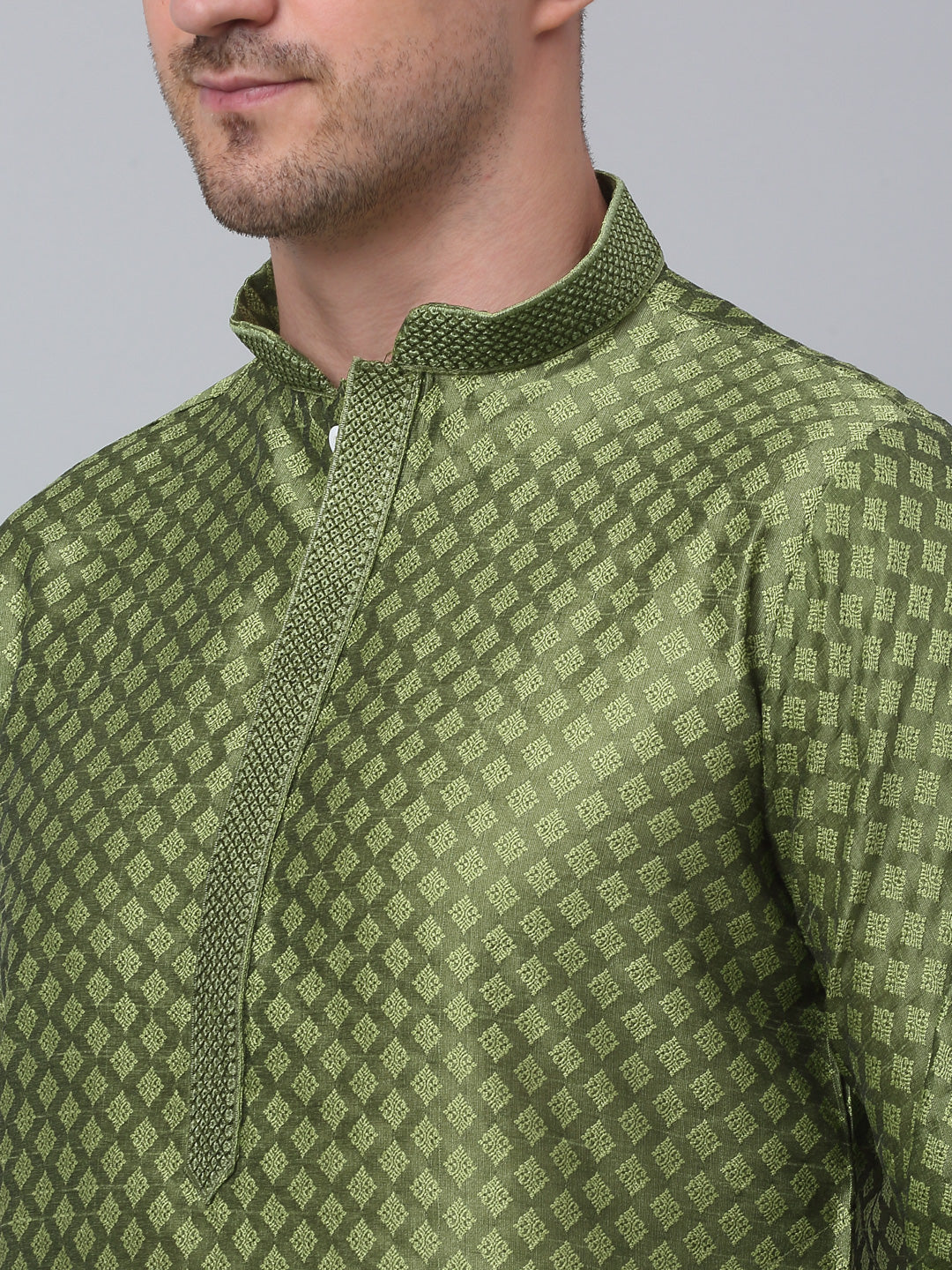 Jompers Men's Olive Green Collar Embroidered Kurta with Pyjama