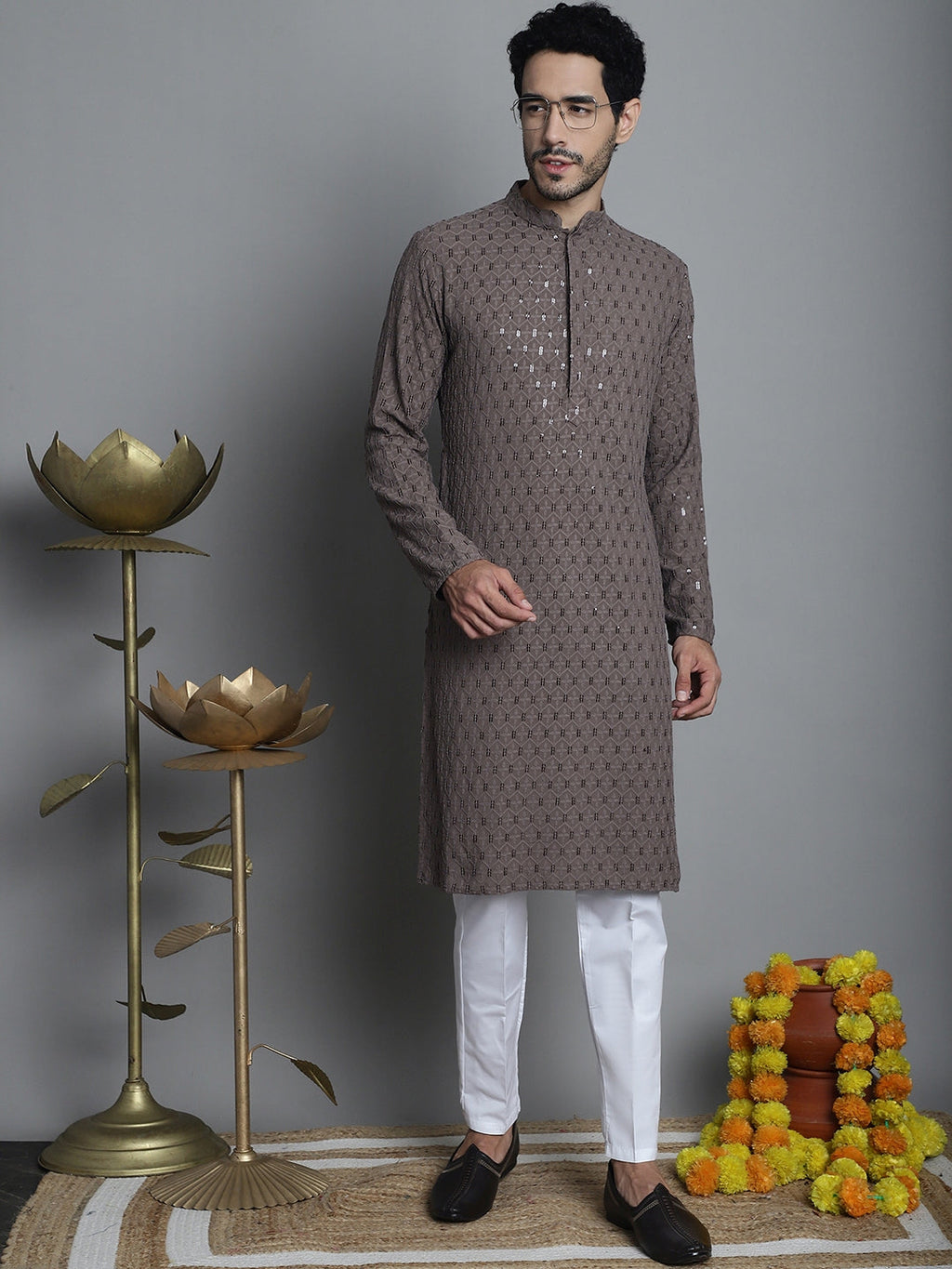 Jompers Men's Chikankari Embroidered and Sequence Kurta with Pyjama - Brown