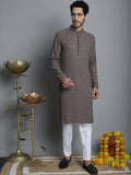 Jompers Men's Chikankari Embroidered and Sequence Kurta with Pyjama - Brown