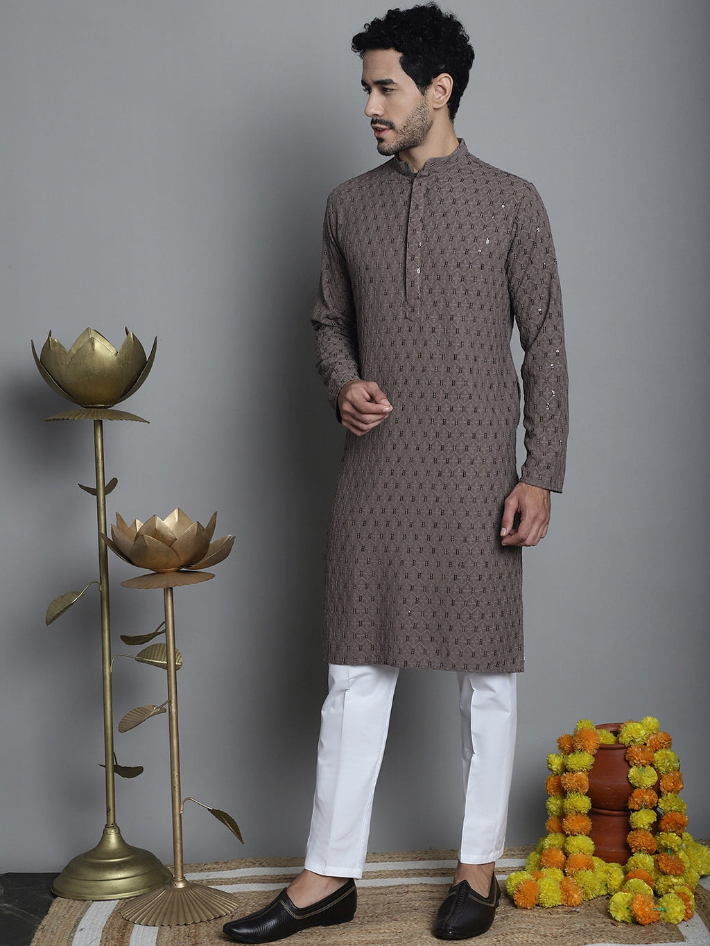 Jompers Men's Chikankari Embroidered and Sequence Kurta with Pyjama - Brown