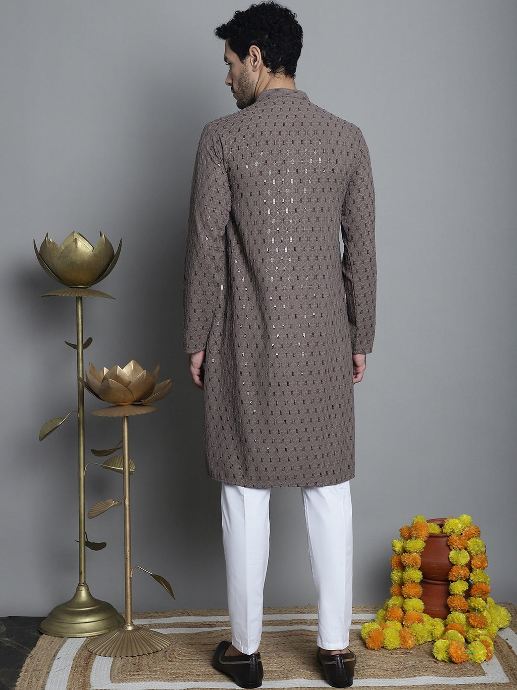 Jompers Men's Chikankari Embroidered and Sequence Kurta with Pyjama - Brown
