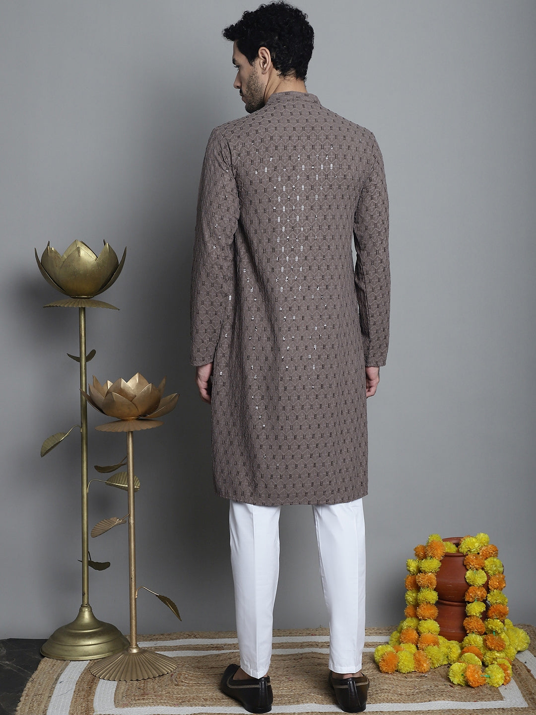 Jompers Men's Chikankari Embroidered and Sequence Kurta with Pyjama - Brown