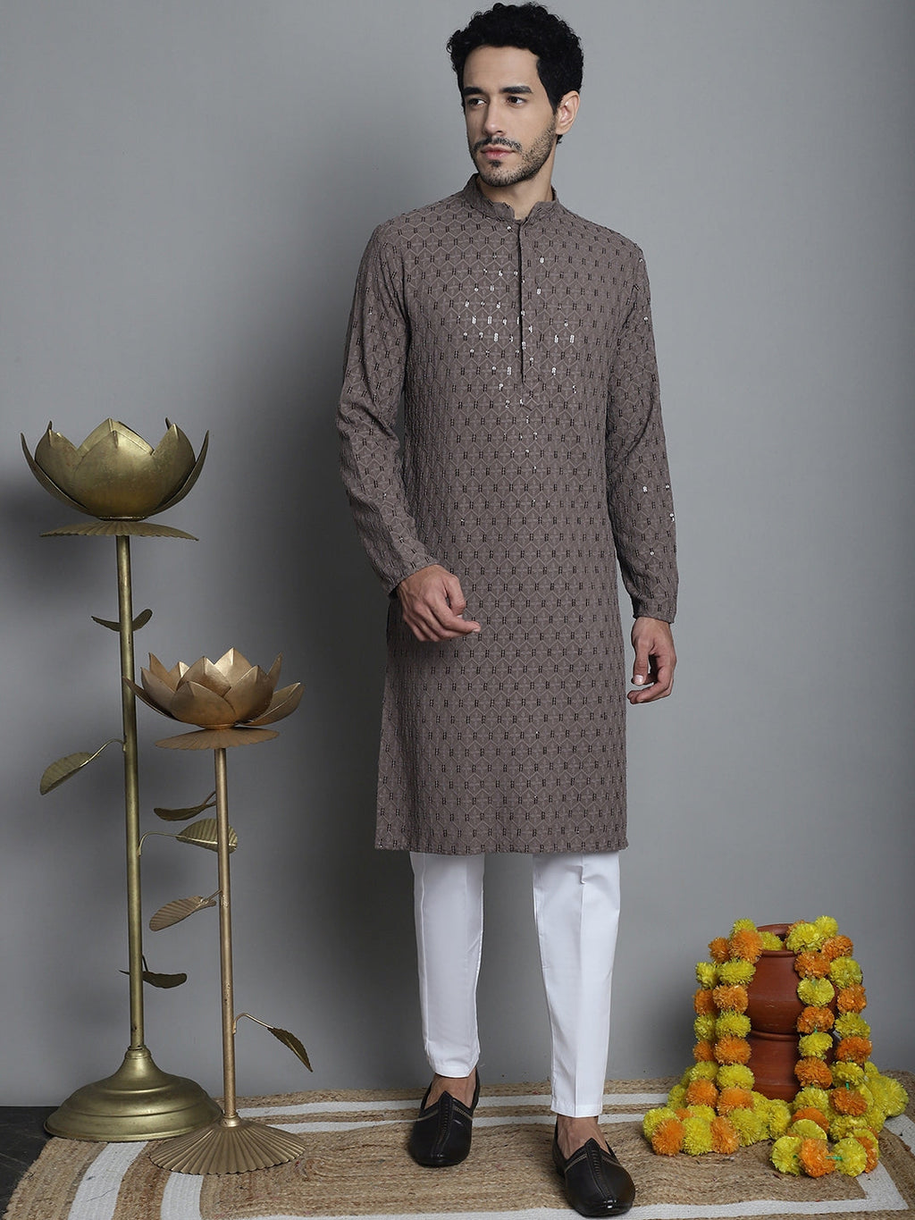 Jompers Men's Chikankari Embroidered and Sequence Kurta with Pyjama - Brown