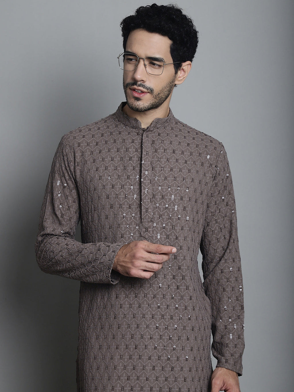 Jompers Men's Chikankari Embroidered and Sequence Kurta with Pyjama - Brown