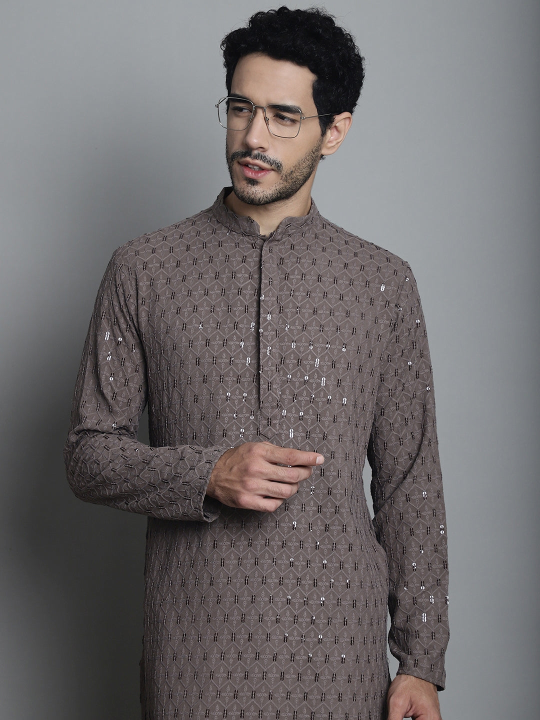 Jompers Men's Chikankari Embroidered and Sequence Kurta with Pyjama - Brown