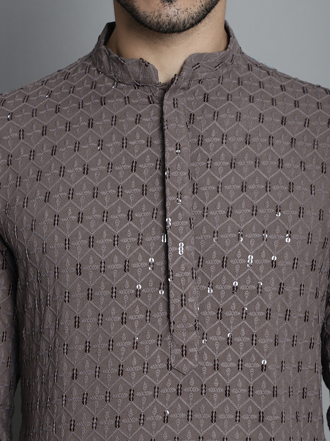 Jompers Men's Chikankari Embroidered and Sequence Kurta with Pyjama - Brown