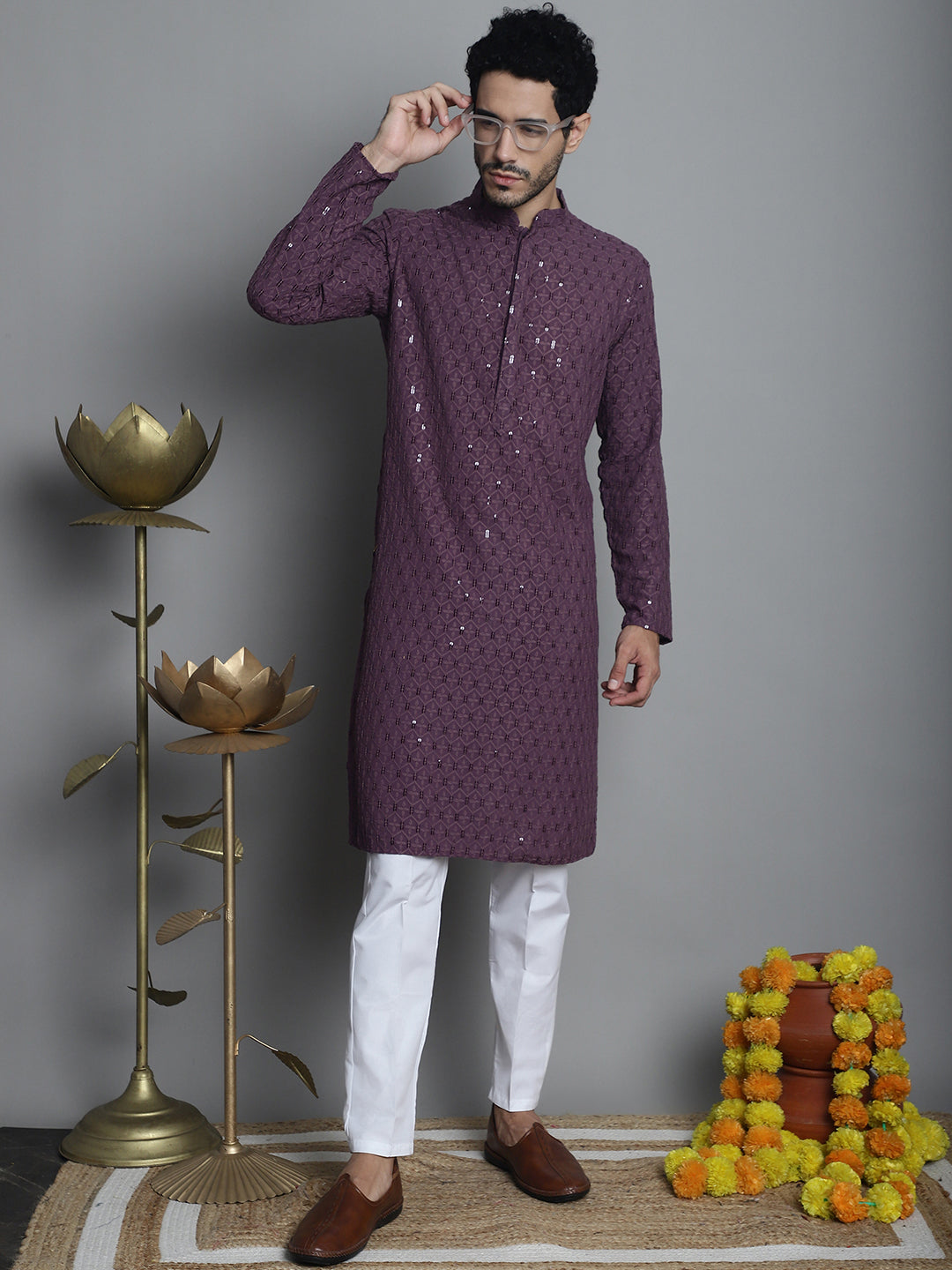 Jompers Men's Chikankari Embroidered and Sequence Kurta with Pyjama - Purple