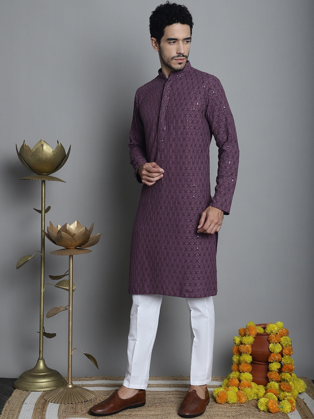 Jompers Men's Chikankari Embroidered and Sequence Kurta with Pyjama - Purple