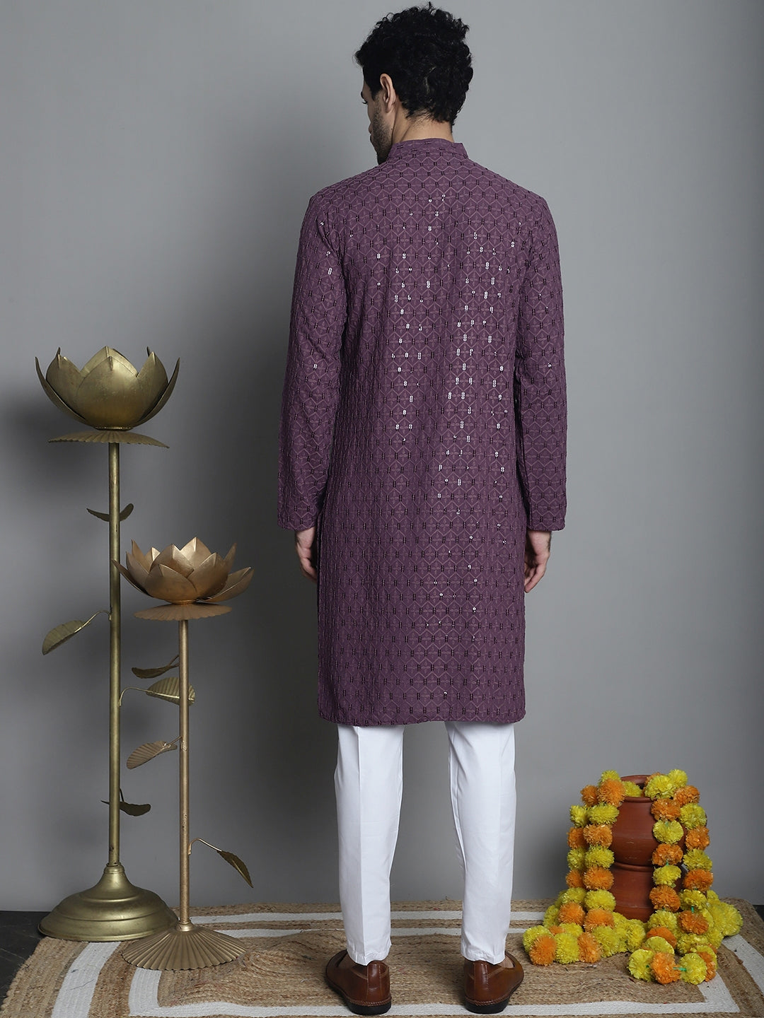 Jompers Men's Chikankari Embroidered and Sequence Kurta with Pyjama - Purple