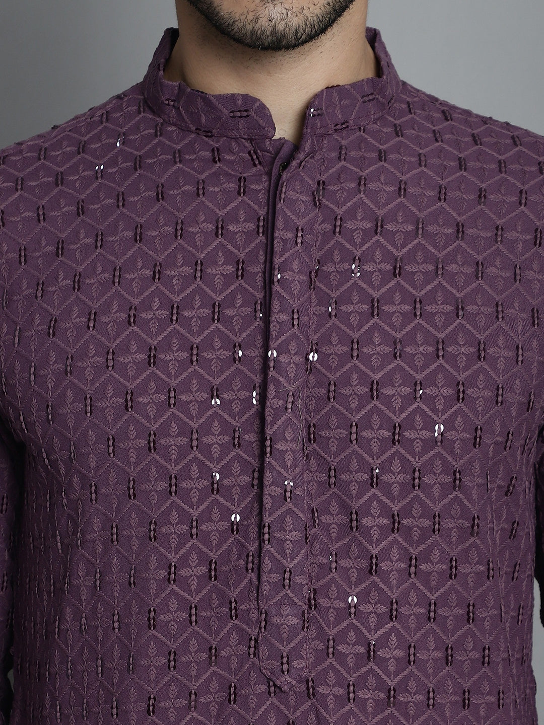 Jompers Men's Chikankari Embroidered and Sequence Kurta with Pyjama - Purple