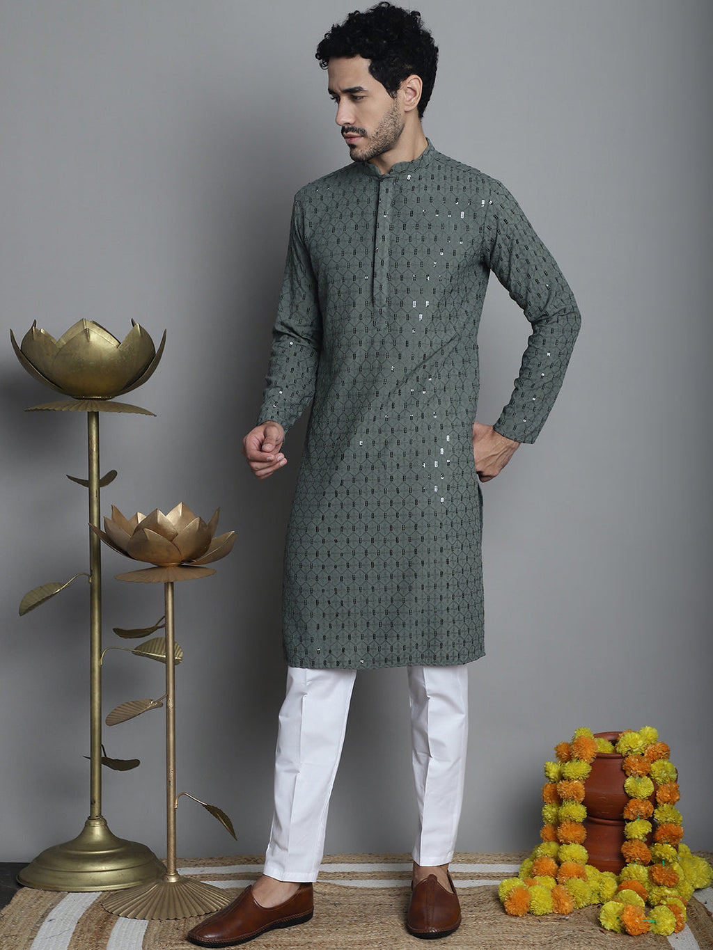 Jompers Men's Chikankari Embroidered and Sequence Kurta with Pyjama - Sea-Green
