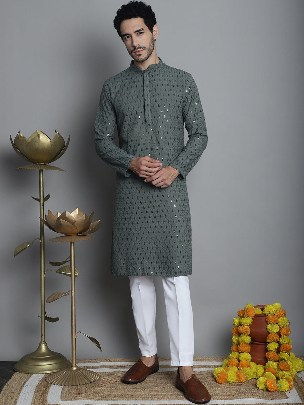 Jompers Men's Chikankari Embroidered and Sequence Kurta with Pyjama - Sea-Green