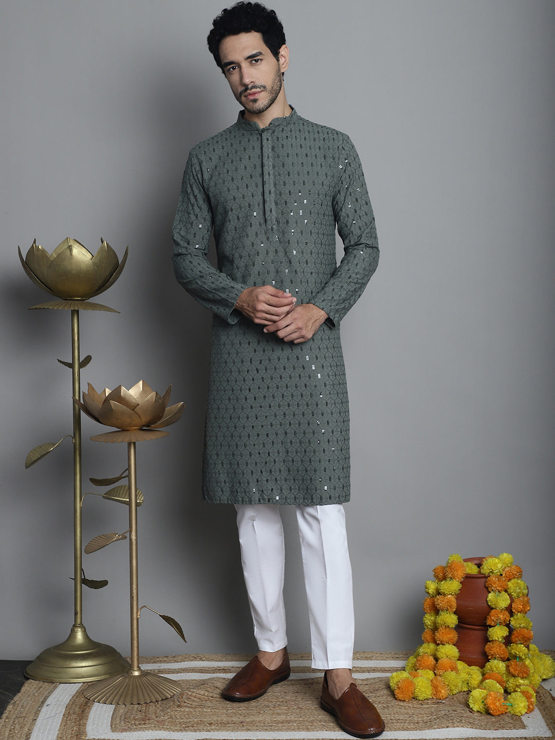 Jompers Men's Chikankari Embroidered and Sequence Kurta with Pyjama - Sea-Green