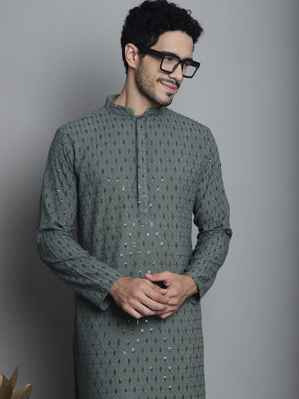 Jompers Men's Chikankari Embroidered and Sequence Kurta with Pyjama - Sea-Green