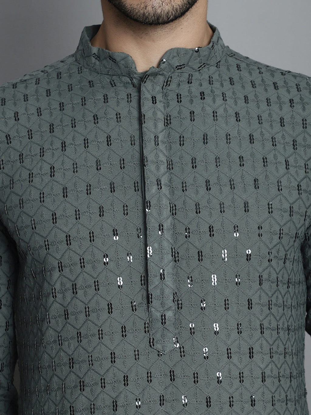 Jompers Men's Chikankari Embroidered and Sequence Kurta with Pyjama - Sea-Green