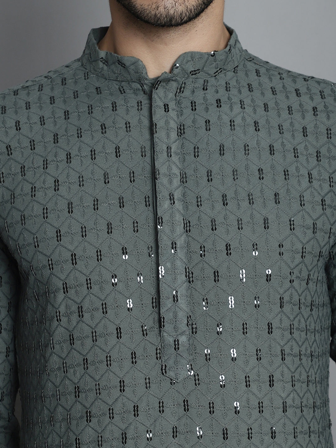 Jompers Men's Chikankari Embroidered and Sequence Kurta with Pyjama - Sea-Green