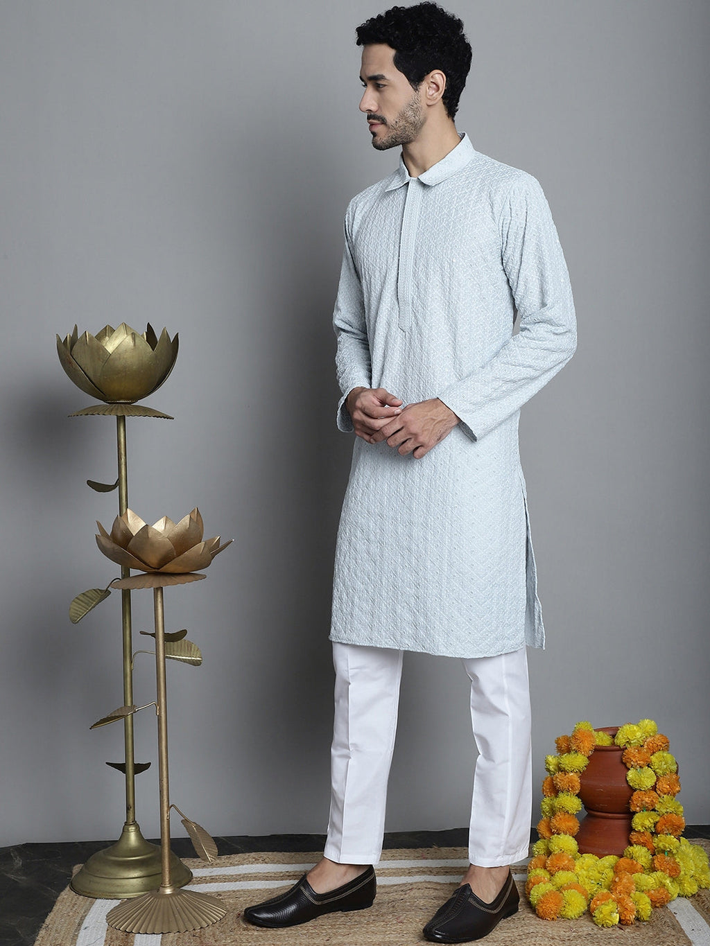 Jompers Men's Chikankari Embroidered and Sequence Kurta with Pyjama - Light-Grey
