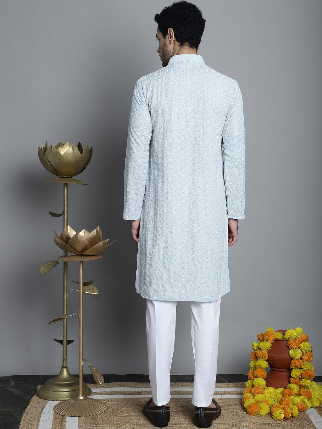Jompers Men's Chikankari Embroidered and Sequence Kurta with Pyjama - Light-Grey